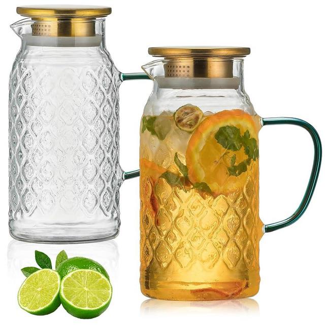 Buaic Glass Pitcher with Lid, 2 PACK 50 oz/1.5L Liter Vintage Water Pitcher, Clear Borosilicate Glass Water Carafe for Cold Brew, Coffee, Lemonade, Iced Tea,Beverage, Heat Resistant Water Glass Jug