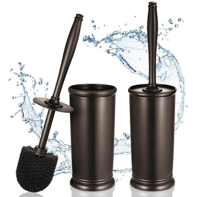 Toilet Bowl Brush Holder Set: 2 Pack Modern Deep Cleaning Bathroom Toilet Scrubber with Caddy for rv - Rim Decorative Accessories Cleaner Brushes for Toilet - Bronze