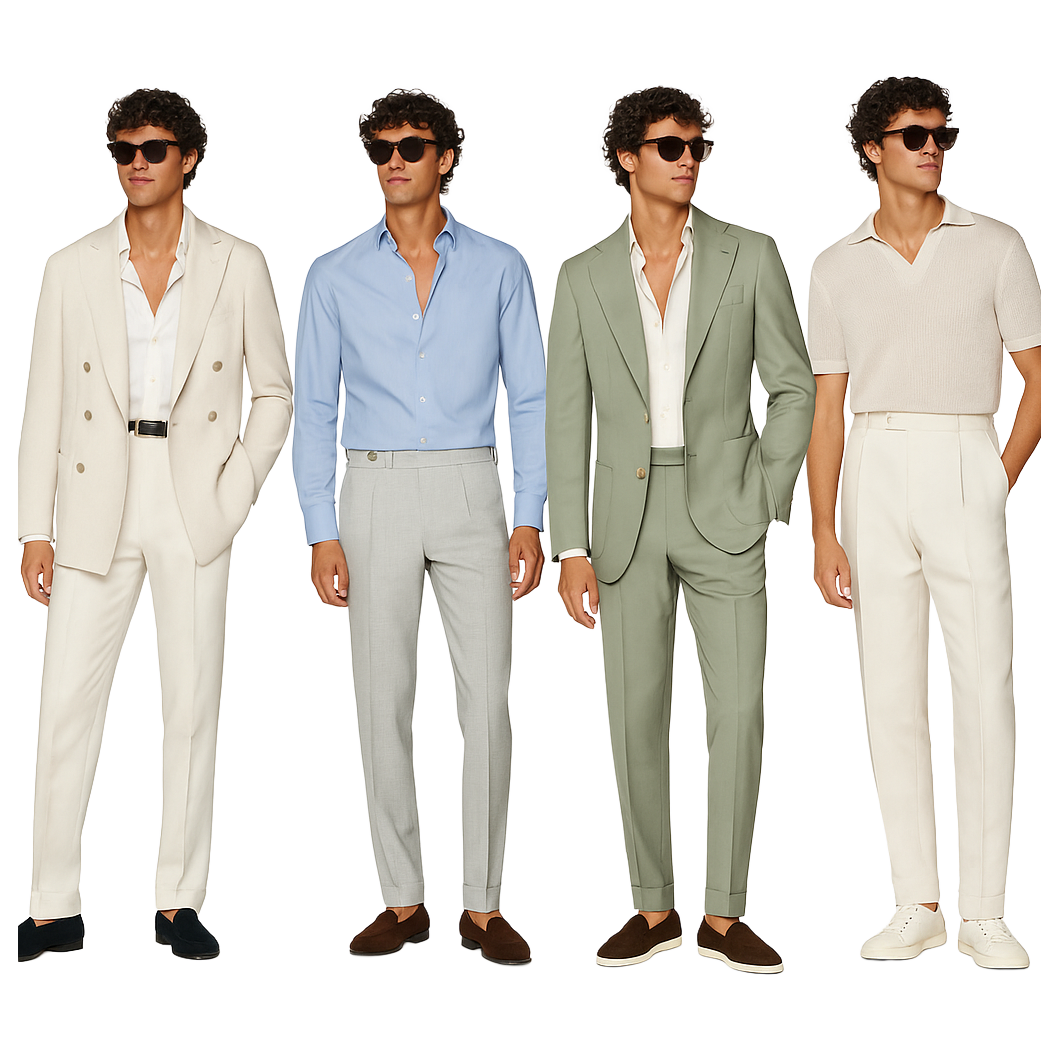 GENTLEMEN:
The vibe is semi-formal and easy. Light shirts, linen or cotton if you like, with beige, baby blue, mint, or natural tones.🍸