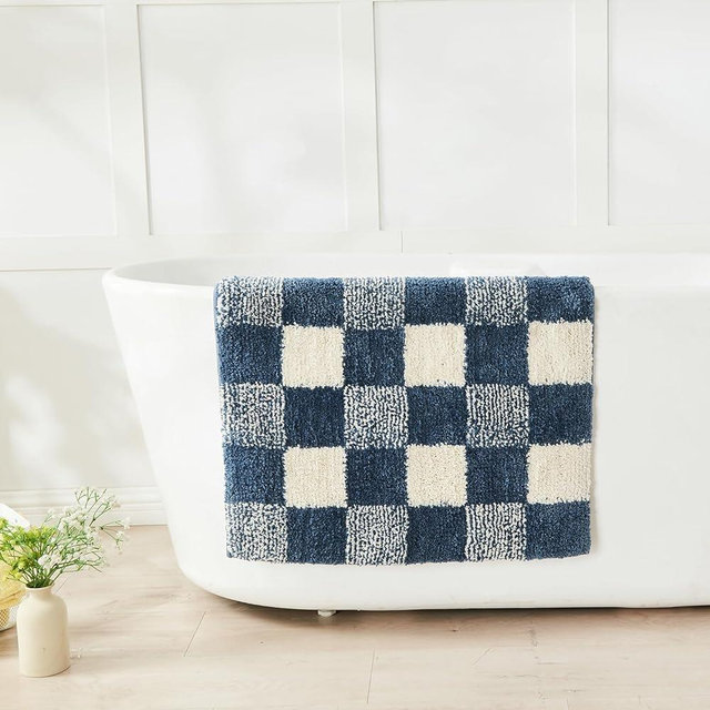 CozeCube Checkered Bath mats for Bathroom Non Slip, Plush Shaggy Bath Rugs for Bathroom Washable, Buffalo Plaid Bath mat, Dark Blue, 36" x 24"