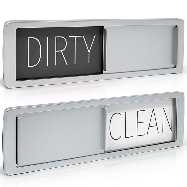 MIMILU Dishwasher Magnet Clean Dirty Sign - Easy to Read & Slide Non-Scratching Strong Magnet Indicator w. Optional Adhesive Stickers. Large Text Color Coded (Grey and White)
