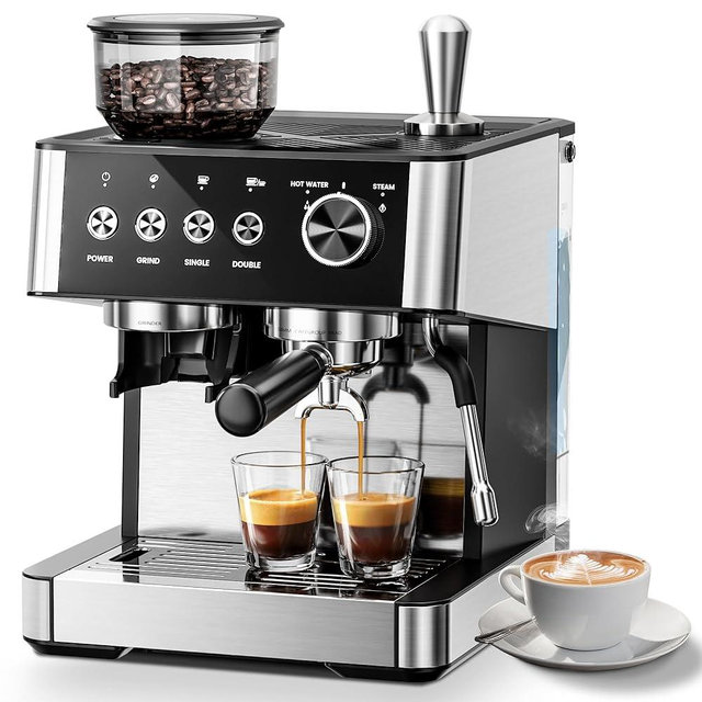 Kismile Espresso Machines with Grinder, 20 Bar Professional Espresso Maker with Removable Water Tank, Hot Water Function,Milk Frother Steam Wand for Latte&Cappuccino(Black)
