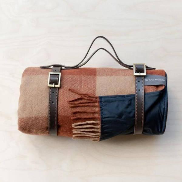 Recycled Wool Waterproof Picnic Blanket in Rust & Camel Buffalo Check