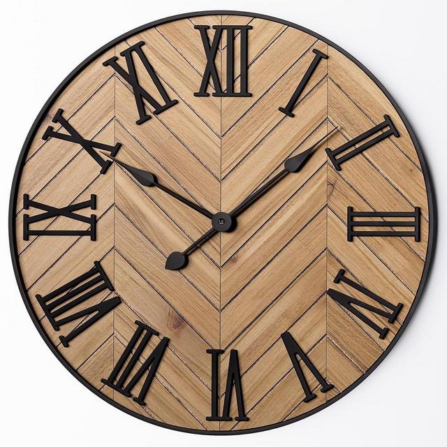 Large Wall Clock 24" Round - Silent Metal & Wood Large Clock - Farmhouse Wall Clock Large - 24 Inch Wall Clock For Living Room Decor - Big Wall Clock Roman Numerals - Wall Clocks For Living Room Decor