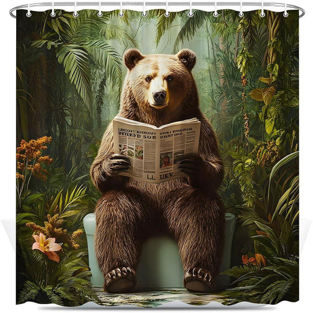 Funny Bear Shower Curtain Green Forest Wildlife Tropical Floral Jungle Rainforest Vintage Rustic Cabin Plants Bathroom Decor Set Polyester Fabric with Hooks 70X70 Inch