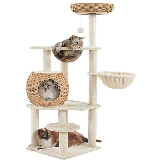 Yaheetech 54in Rattan Cat Tree, Modern Tower with Breathable Woven Condo, Scratching Posts & Washable Cushions, Naturally Cool in Summer, Cute Furniture for Indoor Cats