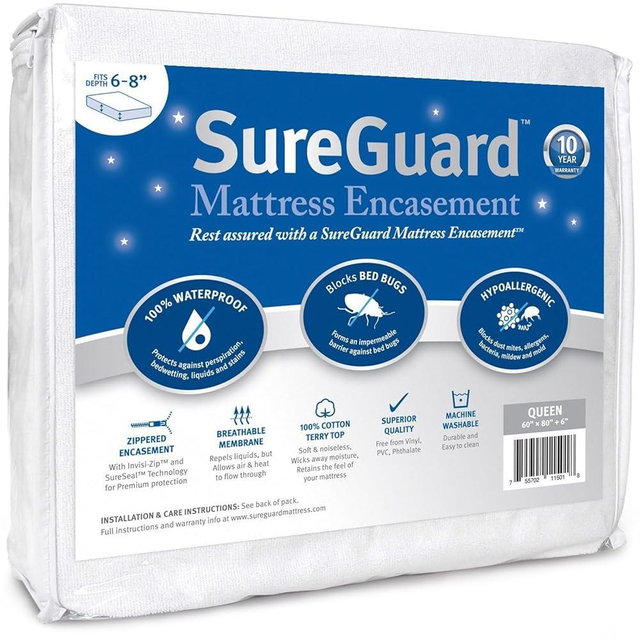 Queen (6-8 in. Deep) SureGuard Mattress Encasement - 100% Waterproof, Bed Bug Proof, Hypoallergenic - Premium Zippered Six-Sided Cover