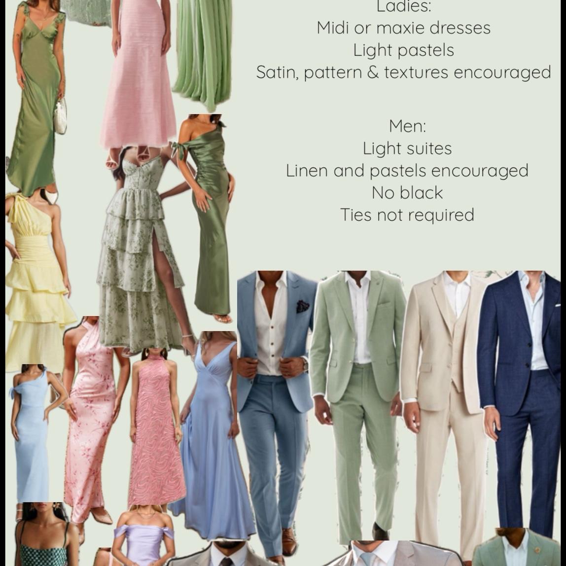 Inspiration attire for wedding! 
Gowns, colorful suits, etc.