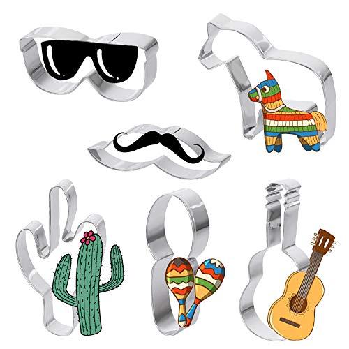 Cinco De Mayo Cookie Cutter Set Stainless Steel DIY Cake Biscuit Moulds Pastry Fruit Fondant Cutters and Molds for Baking Decorating Supplies Kit with 6 pcs DIY Printed card