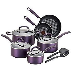 T-fal B131SC Color Luxe Hard Titanium Nonstick Thermo-Spot Dishwasher Safe PFOA Free Cookware Set, 12-Piece, Purple