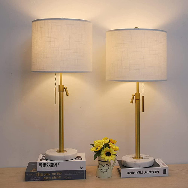 Table Lamp Modern Set of 2, 22" and 30" Height Adjustable Pull Chain Switch for Living Room Bedroom End Table, Marble Base White Linen Shade Golden Pole Nightstand Lamp Brass for Bedside Table, Office
