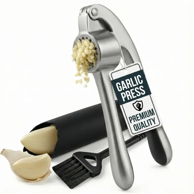 Garlic Press Set, Garlic Mincer with Silicone Peeler and Cleaning Brush, Easy Squeeze Ergonomic Handle, Rust Proof & Dishwasher Safe Garlic Crusher