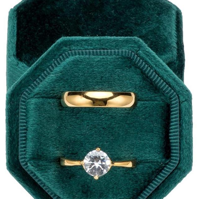 Premium Velvet Ring Box for Proposal Engagement Wedding Ceremony - Equilateral Octagon Vintage Double Ring Display Holder with Detachable Lid (Green)