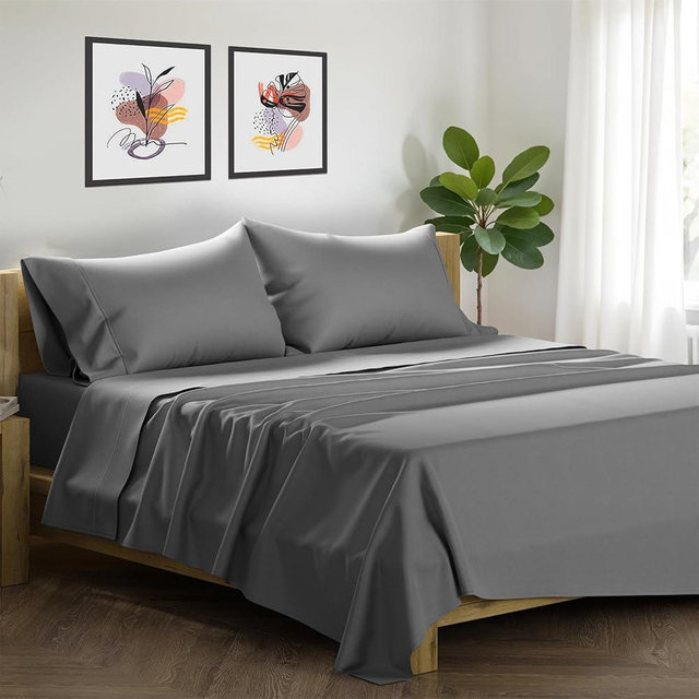 XOOX Linen 100% Egyptian Cotton King Size Sheets Set - Luxury 1500 Thread Count Egyptian Cotton Sheets King Size, 17" Deep Pocket, Soft, Cooling Sateen Weave Hotel Quality Bedding Set - Dark Grey