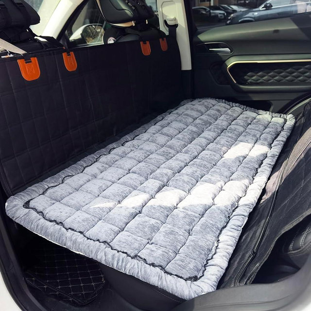 AEEISHOMEREFORM Backseat Pet Bed Mat, Plaid Dog Bed for Car Back Seat, Furry Dog Covers for Loveseats, Non-Slip Travel Pet Mat, Custom Fit for Backseat Extenders and Seat Covers (Grey, 24.8x54 inch)