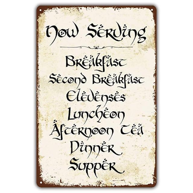 Panguru Vintage Style Funny Tin Sign, Second Breakfast Kitchen Sign, Gift for LOTR Fans, Metal Signage, 8x12 Inches