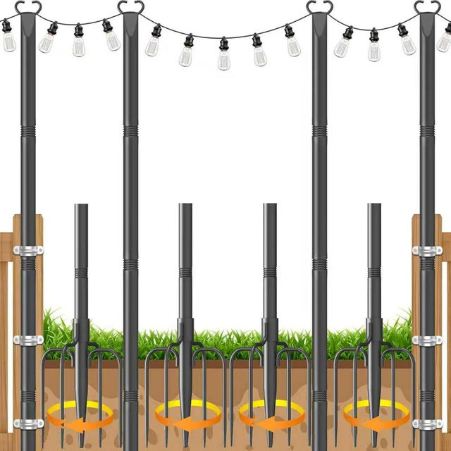JYTOBN 10Ft String Light Poles 4 Pack,Poles for Outdoor String Lights with Fork and Fence Clamp,Hanging Lights Metal Stand Post for Deck Patio Backyard Garden Decorations