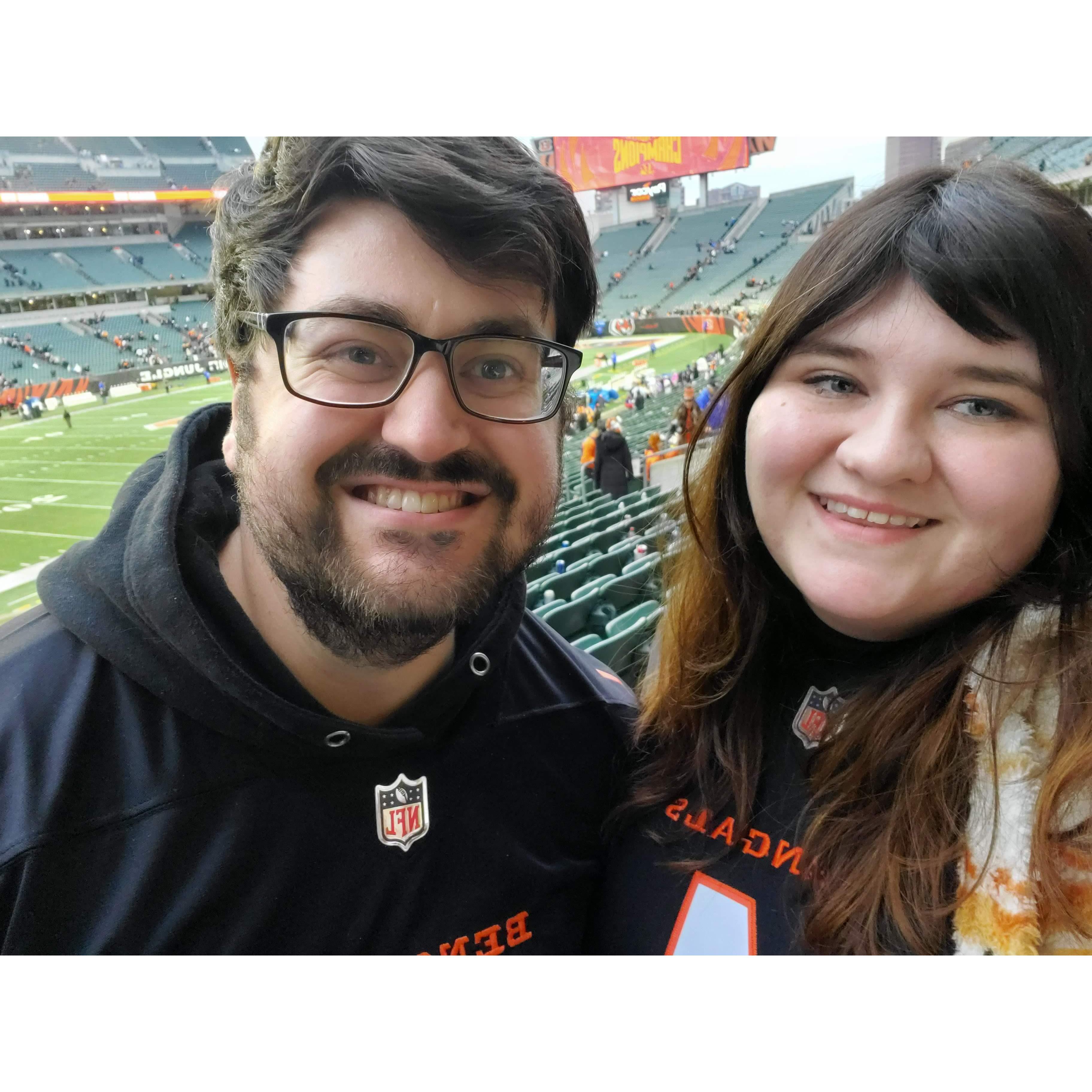 Going to the Bengal's game with Jacob's family, all smiles after our latest win.