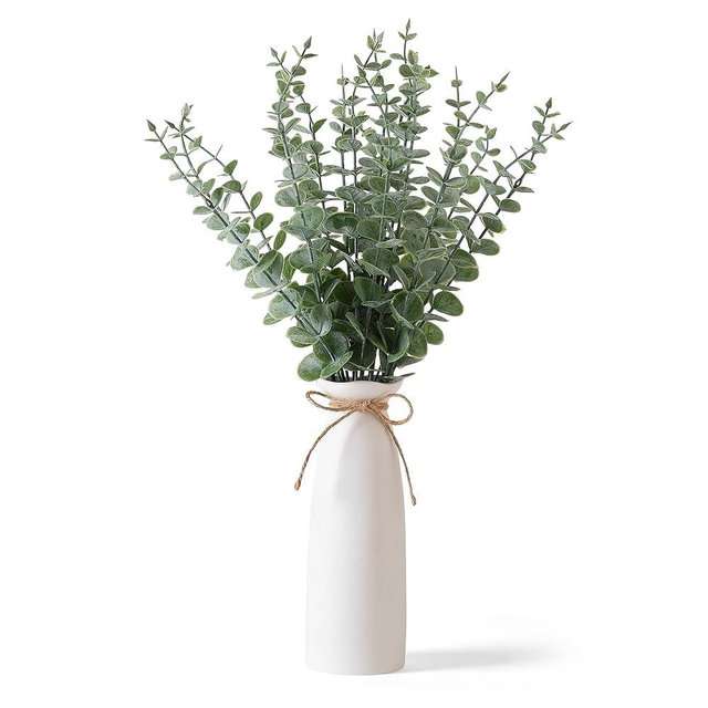 Shanranplus Vase with Greenery, 20pcs Artificial EucalyptusStems in White Vase, Boho Home Decor Plant, 19" Decorative Fake Plants for Home Farmhouse Mantle Centerpiece Decor