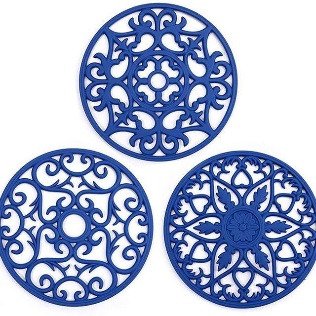 3 Set Blue Silicone Trivet Mat - Hot Pot Holder Hot Pads for Table & Crock Table Countertop - Insulated Flexible Durable Non Slip Coasters- Silicone Multi-Use Intricately Carved Trivet Mat