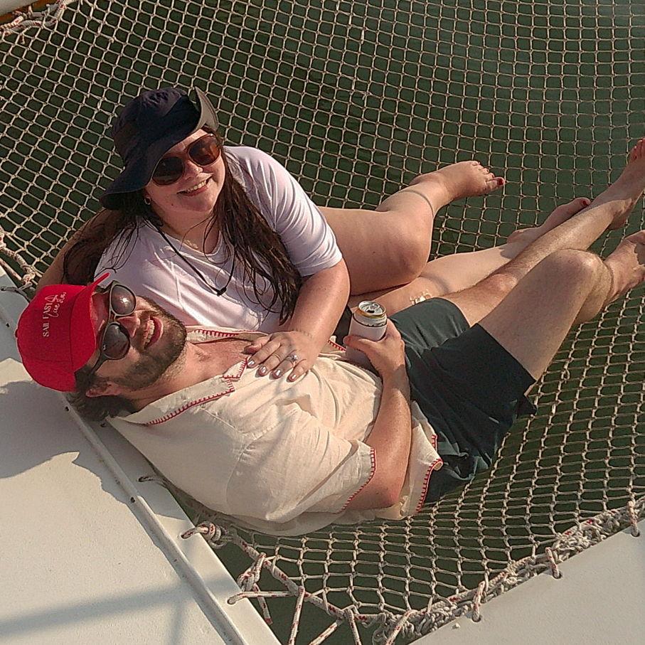 On the catamaran cruise back from our engagement on Cape Lookout. This was the hour we kept the news to ourselves; we were both on top of the world!