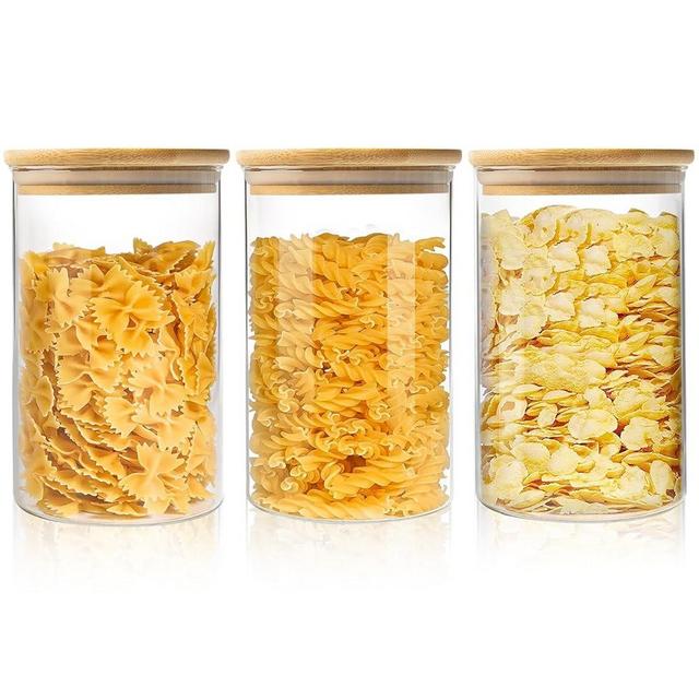 ENLOY Glass Food Storage Jars 32 OZ Set of 3, 3 Pack Airtight Food Storage Jar with Bamboo Lid, Clear Food Canisters for Nuts, Coffee Beans, Sugar, Flour, Snacks, Spice and More (950ml)
