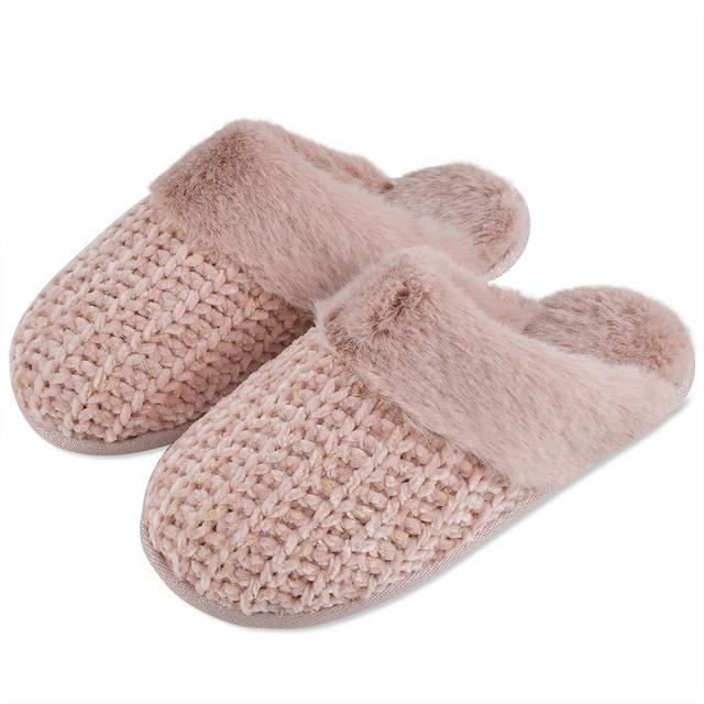 DL Women's Comfy Knit Slippers with Warm Plush Faux Fur Lining, Memory Foam Slip on Slippers with Anti-Skid Rubber Sole
