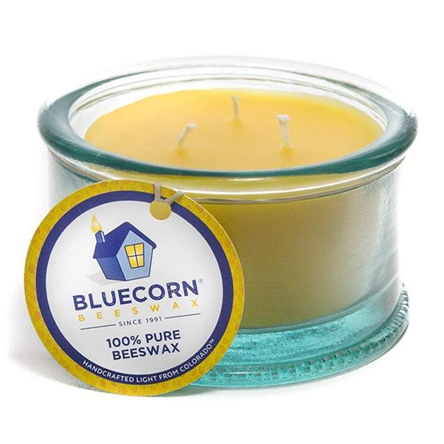 Bluecorn Beeswax 100% Recycled Spanish Glass Beeswax Candle - 3 Wick - Unscented Raw Beeswax