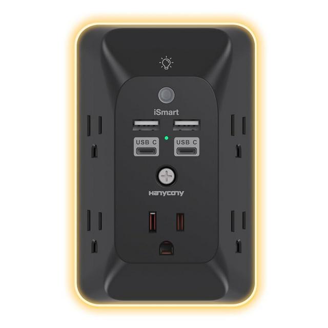 Black Multi Plug Outlet, HANYCONY Outlet Extender with 4 USB Ports (2 USB C) and Night Light, 1050J Surge Protector, Wall Mount, Outlet Splitter for Bathroom Kicthen Camper Dorm Room Essentials