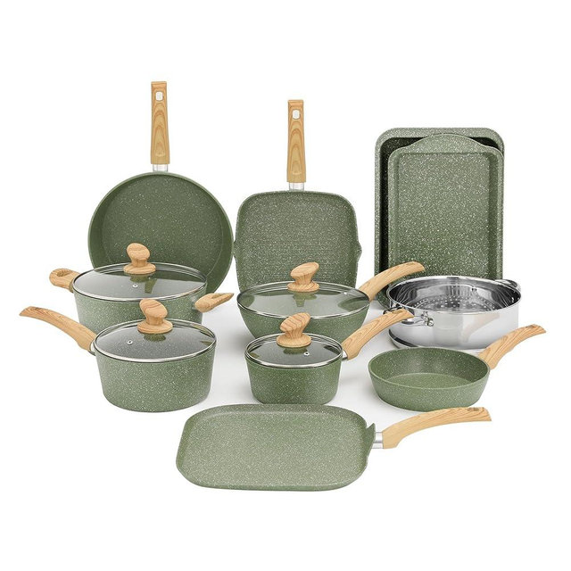 Kitchen Academy 17 Pieces Induction Cookware Set, Green Granite Pots and Pans Set, Nonstick Cooking Pans Set