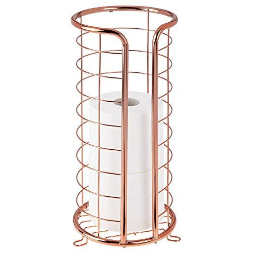 mDesign Decorative Metal Free Standing Toilet Paper Holder Stand with Storage for 3 Rolls of Toilet Tissue - for Bathroom/Powder Room - Holds Mega Rolls - Rose Gold