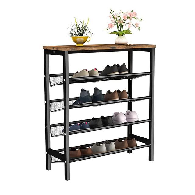 HOOSENG Simple Houseware 5-Tier Shoe Rack, Industrial Free-Standing Storage Organizer w/ 4 Convertible Sturdy Metal Mesh Shelves, Cabinet for Entryway, Hallway, Closet, Bedroom, Rustic Brown