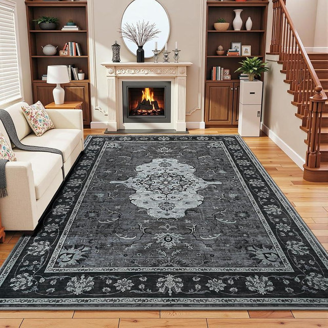 5x7 Area Rugs, Washable Rug for Living Room, Non-Slip Carpet, Dining Room Carpets for Bedroom Entryway, Vintage Floral Medallion, Low Pile, Soft Mat Black/Grey