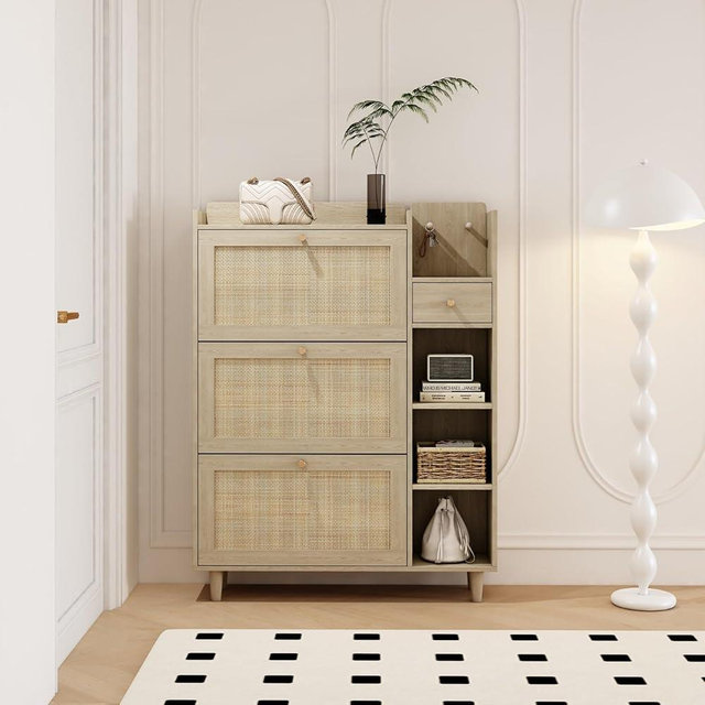 VIRIDURE Rattan Shoe Cabinet with Bohemia Style Design, Narrow Shoe Cabinet Storage for Entryway，Hidden Shoe Rack Organizer Cabinet with 3 Rattan Flip Drawers (Natural Wood)