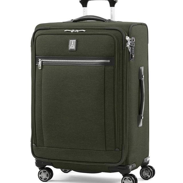 Travelpro Platinum Elite Softside Expandable Checked Luggage, 8 Wheel Spinner Suitcase, TSA Lock, Men and Women, Pilot Green, Checked Medium 25-Inch