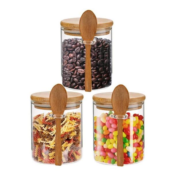 Glass Sugar Container with Spoon - 2 Pack 15oz Glass Jars with Bamboo Lid  and Spoon, Bamboo Lid Storage Jar Containers for Coffee Beans, Spice, Brown  Sugar, Tea, Flour, Nuts, Candy, Salts