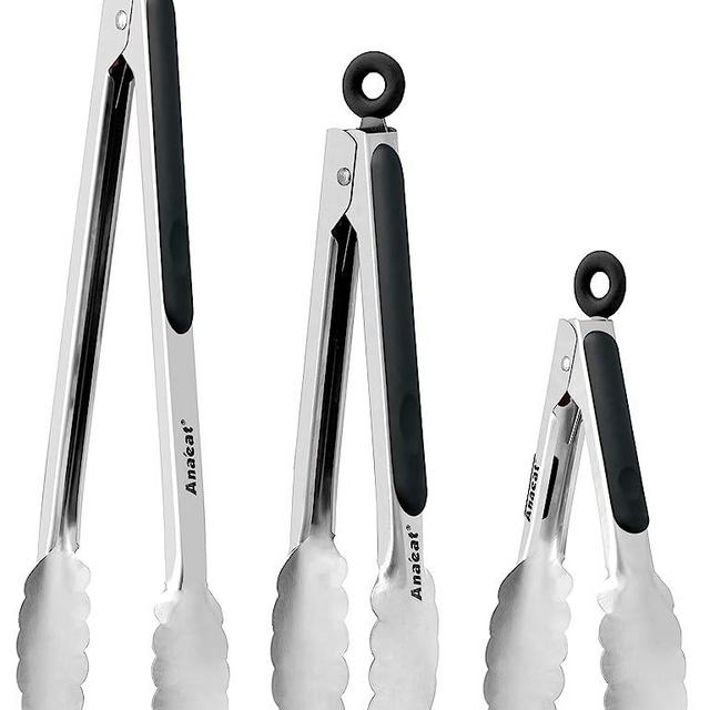 Anaeat Premium Kitchen Locking Tong Set of 3 - Heavy Duty Stainless Steel Food Tongs with Long Handle & Non-Slip Silicone Grip for Cooking, Baking, Grilling - Heat Resistant up to 480°F