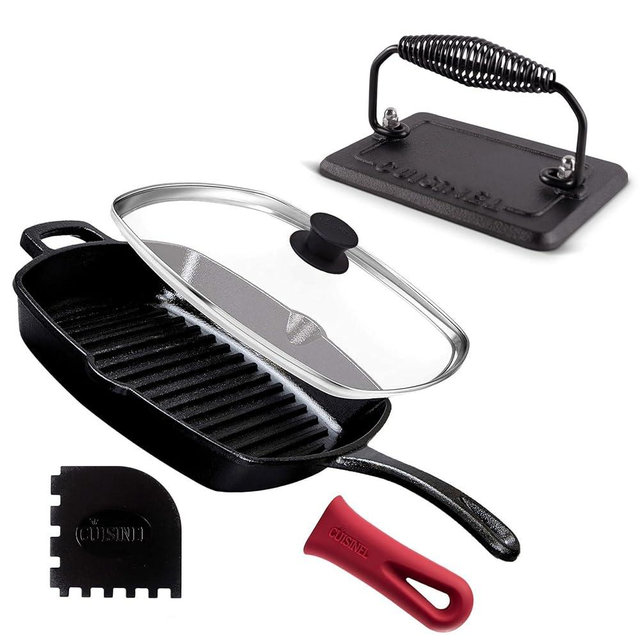 Cuisinel Cast Iron Grill Pan + Rectangular Cast Iron Grill Press + Tempered Glass Lid + Pan Scraper – Pre-Seasoned Ribbed Skillet – 10.5"-Inch Square Grillig Indoor/Outdoor Camping Fire BBQ Cookware