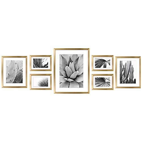 ArtbyHannah 7 Pcs Gold Gallery Wall Picture Frames Kit with Decorative Art Prints& Hanging Template Wall Art Decor Photo Frame Collection for Living Room or Bathroom Decoration