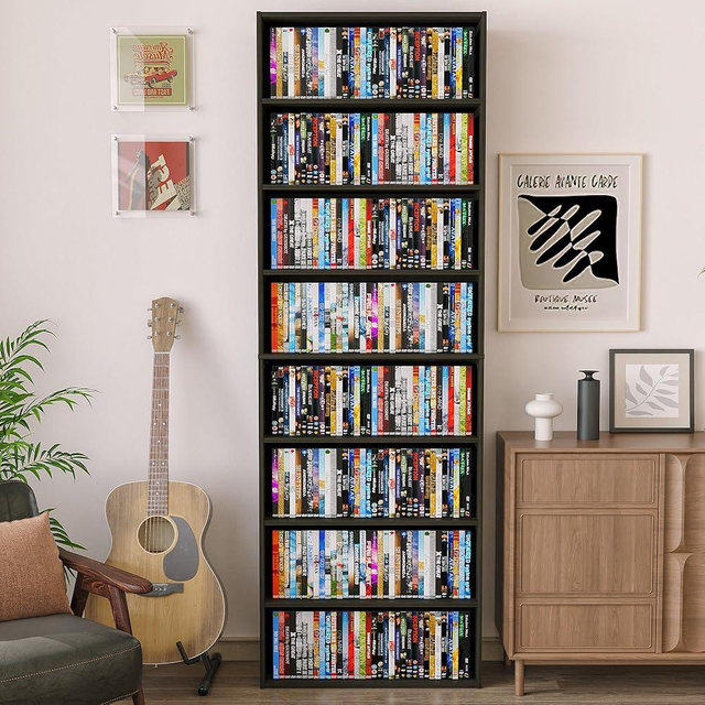 VPSMAT 8 Tier DVD Storage Cabinet Shelf, Wooden Media Storage Shelves with Eight Storage Spaces, Eight-Tier Tall Bedroom Corner Bookshelf for Bedroom, Living Room, Playroom, 70.9" x 23.6" x 9", Black