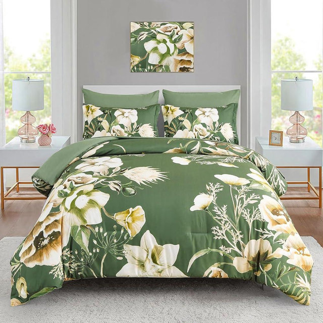 Luxudecor Floral Comforter Set King Size 7 Piece, Olive Green Flower Bed in a Bag, Elegant Comforter Bedding Set for All Season (Olive Green, 104"x90")