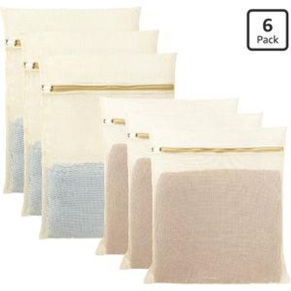 Meeall 6Pcs Organic Cotton Mesh Laundry Bags for Delicates, Durable Mesh Wash Bags, Sturdy Zipper Laundry Bag for Underwear, Clothes, Shoes, Socks, (3 Large, 3 Medium)