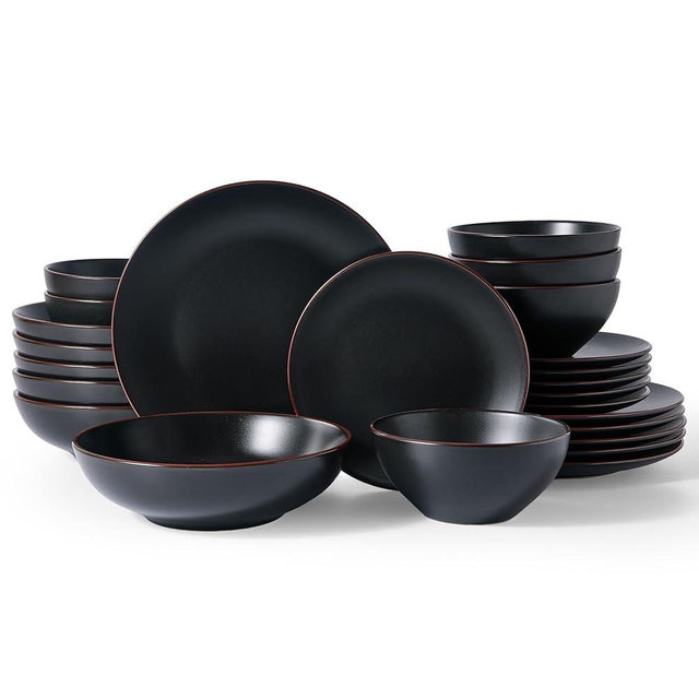 Famiware Venus Stoneware Dinnerware Sets with Trim, 24-Piece Modern Dishes Set for 6, Matte Black - Includes Pasta Bowls & Dinner Plates for Everyday Meals & Formal Dining, Microwave & Dishwasher Safe