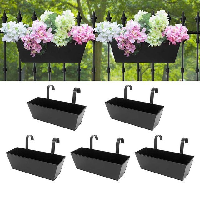Holensun Railing Planters Outdoor Balcony 16 Inch Deck Over The Railing Planter Boxes Hanging Planters for Fence Flower 5 Pcs (Black)