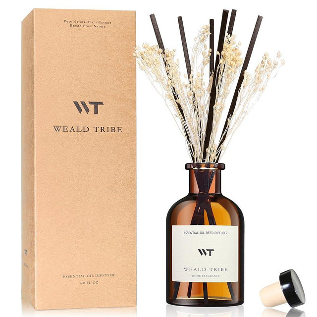 WEALD TRIBE Reed Diffuser Set for Bathroom Air Fresheners, Oil Diffuser Sticks | White Jasmine Scent 4.0 fl oz Home Fragrance with Sticks Defusers | House Bedroom Office Shelf Decor