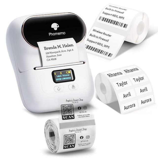 Phomemo M110 Label Printer - Bluetooth Portable Label Maker No Ink, Mini Barcode Label Printer for Retail, Address, Barcode, Home, for PC/Mac, iOS/Android with 3pack Most Used Labels, Snow White