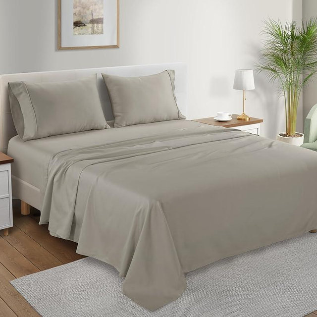 Organic Cotton Sheets Queen Size Bed Set Deep Pockets, 4 PC Cotton Queen Sheet Set, Soft Breathable Sateen Weave Elasticated Sheet & Pillowcase Sets, No Pill & Shrink, Machine washable- Silver