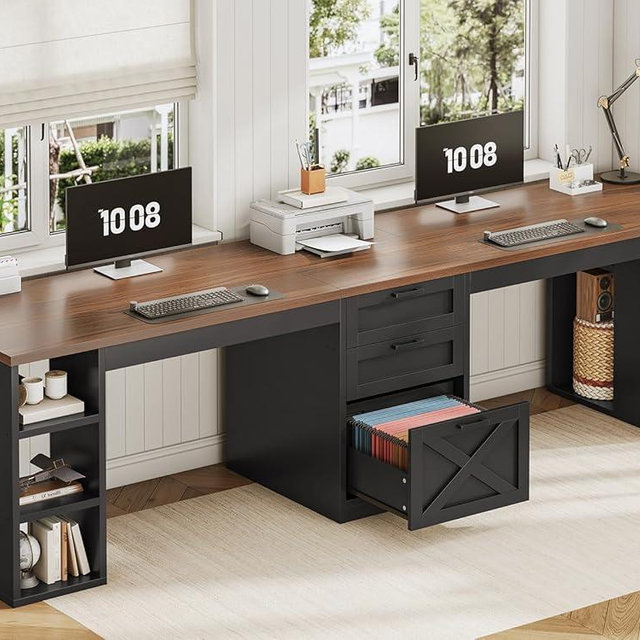 SEDETA Farmhouse 96.5" Office Desk with Drawers, 2 Person Gaming Desk with Storage, Double Computer Desk with Storage Drawers, Long Two Person Writing Desk, Black