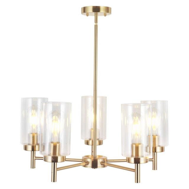 VINLUZ Contemporary 5 Light Chandelier Lighting Brushed Brass Clear Glass Shades Modern Pendant Lamp Rustic Dining Room Lighting Fixtures Hanging Adjustable Wire Semi Flush Ceiling Lights
