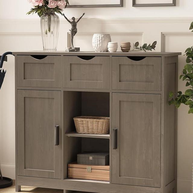 MIRROTOWEL Storage Cabinets，Space Saving Buffet Sideboard ，Wooden Storage Cabinet with 3 Drawers, 2 Doors and 3 Adjustable Shelves，for Kitchen ，Living Room， Bedroom，Bathroom ，Entryway（Gray）